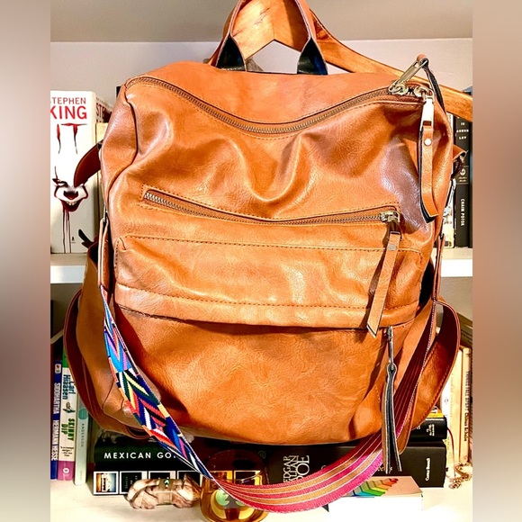 Boho Convertible Backpack Purse — Vegan Leather Camel Tan Bag with Aztec Strap - Picture 11 of 15